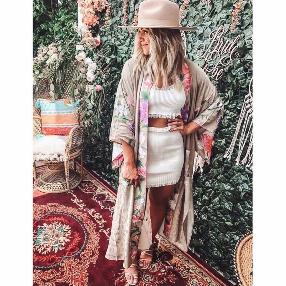 Boho Gypsy Floral Print Maxi Kimono Tan Peacock - Picture 2 of 8